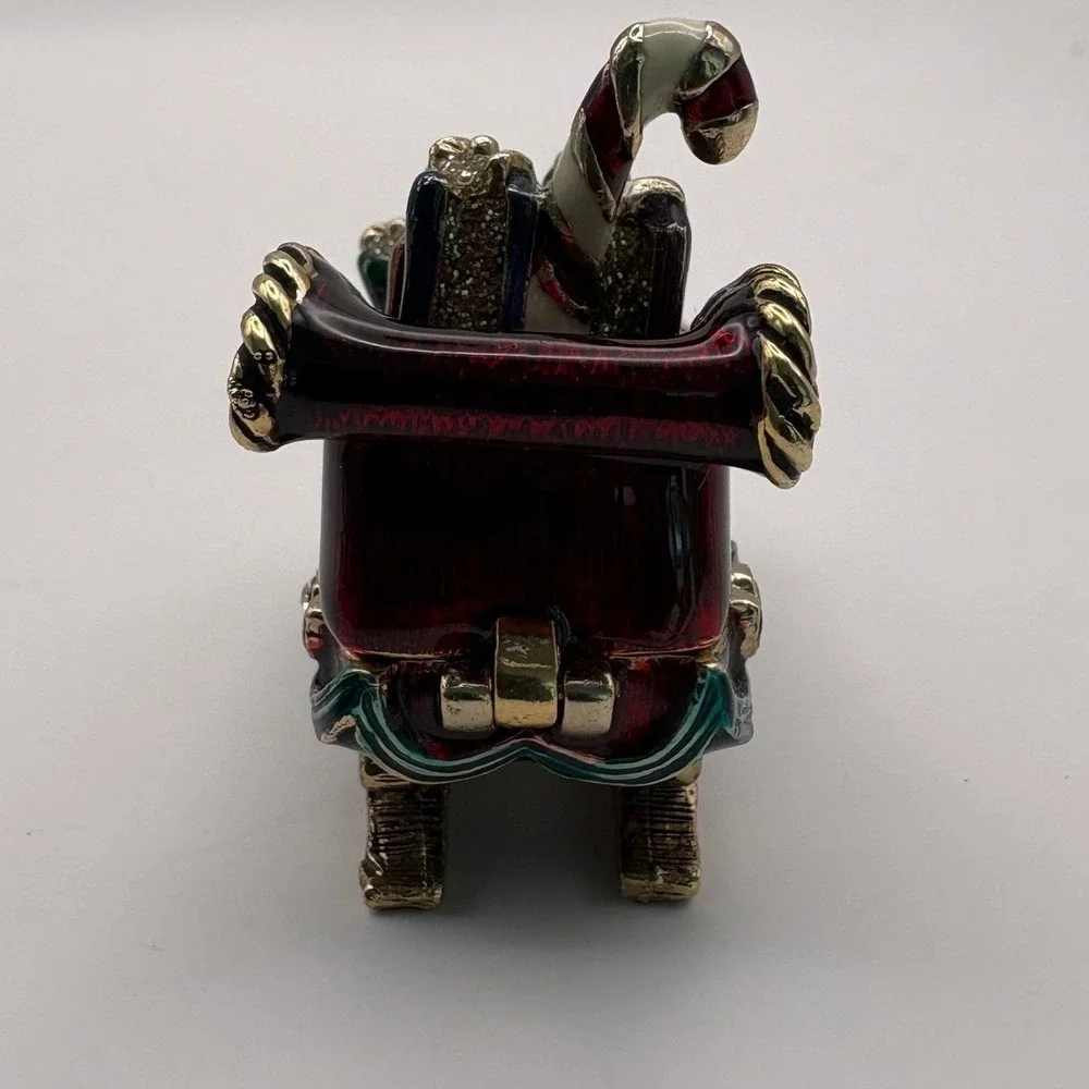 Monet Enameled Christmas Sleigh Trinket Box Red Gold Tone Crystal Accents